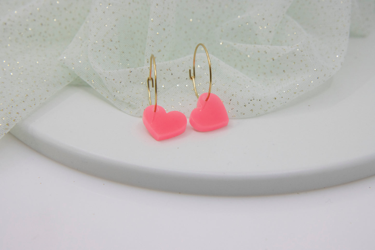 Filigree hoop earrings with NEON heart pendant made of acrylic