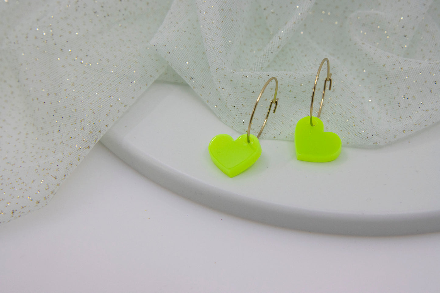 Filigree hoop earrings with NEON heart pendant made of acrylic