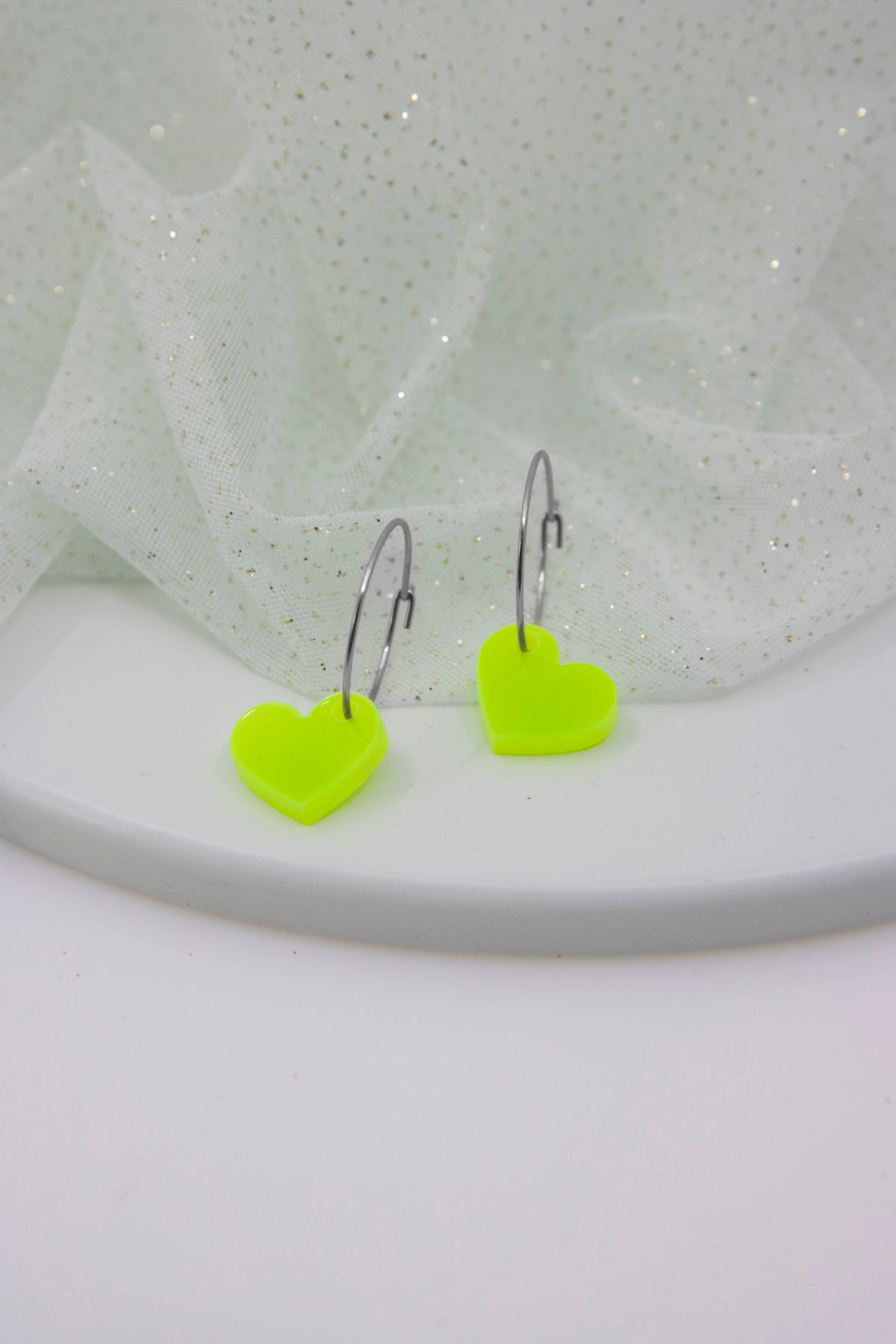 Filigree hoop earrings with NEON heart pendant made of acrylic