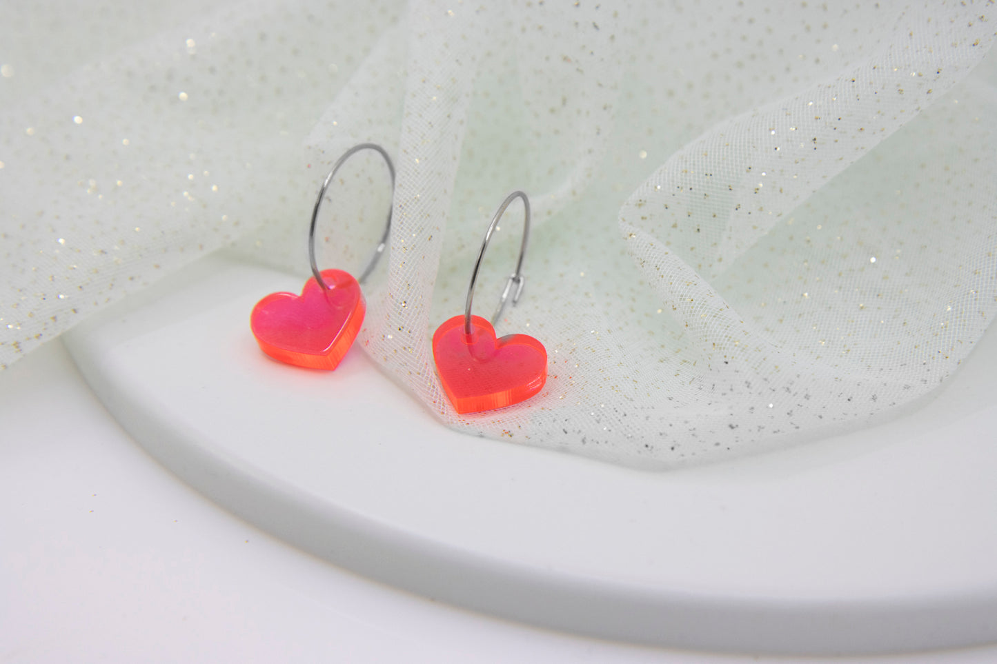 Filigree hoop earrings with NEON heart pendant made of acrylic