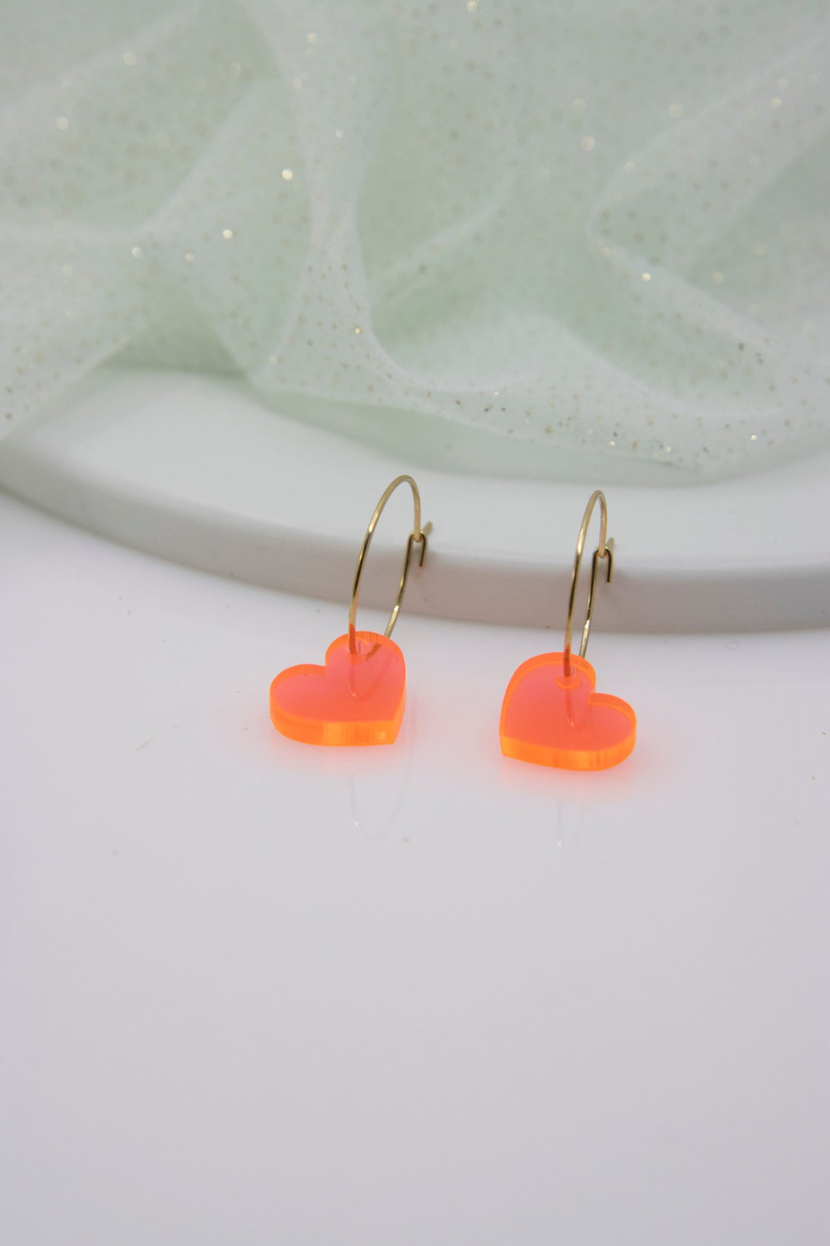 Filigree hoop earrings with NEON heart pendant made of acrylic