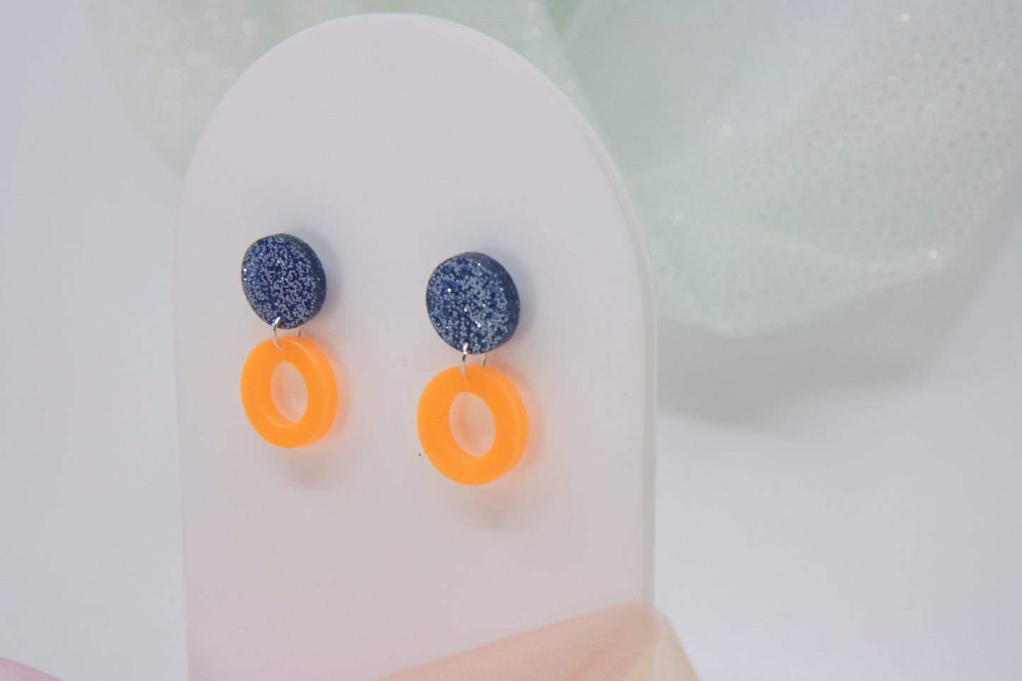 Glitter Blue & Neon Orange "LENA" Geometric Earring