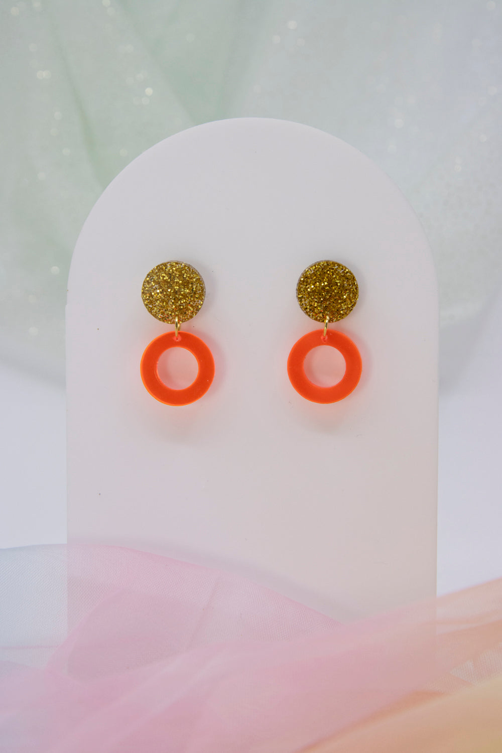 Gold Glitter & Neon Orange "LENA" Geometric Earring