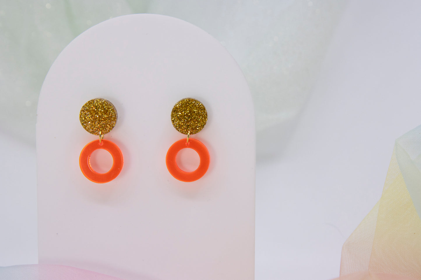 Gold Glitter & Neon Orange "LENA" Geometric Earring