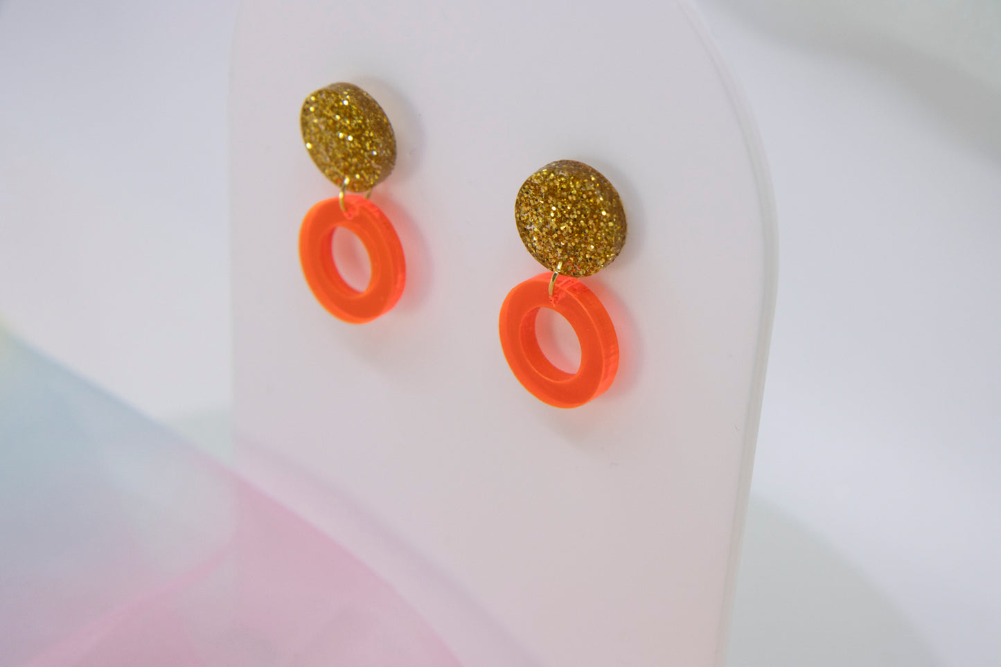 Gold Glitter & Neon Orange "LENA" Geometric Earring