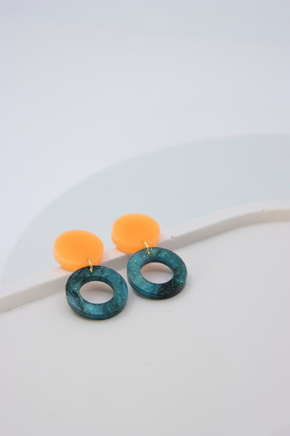 Emerald green and neon "LENA" stud earrings