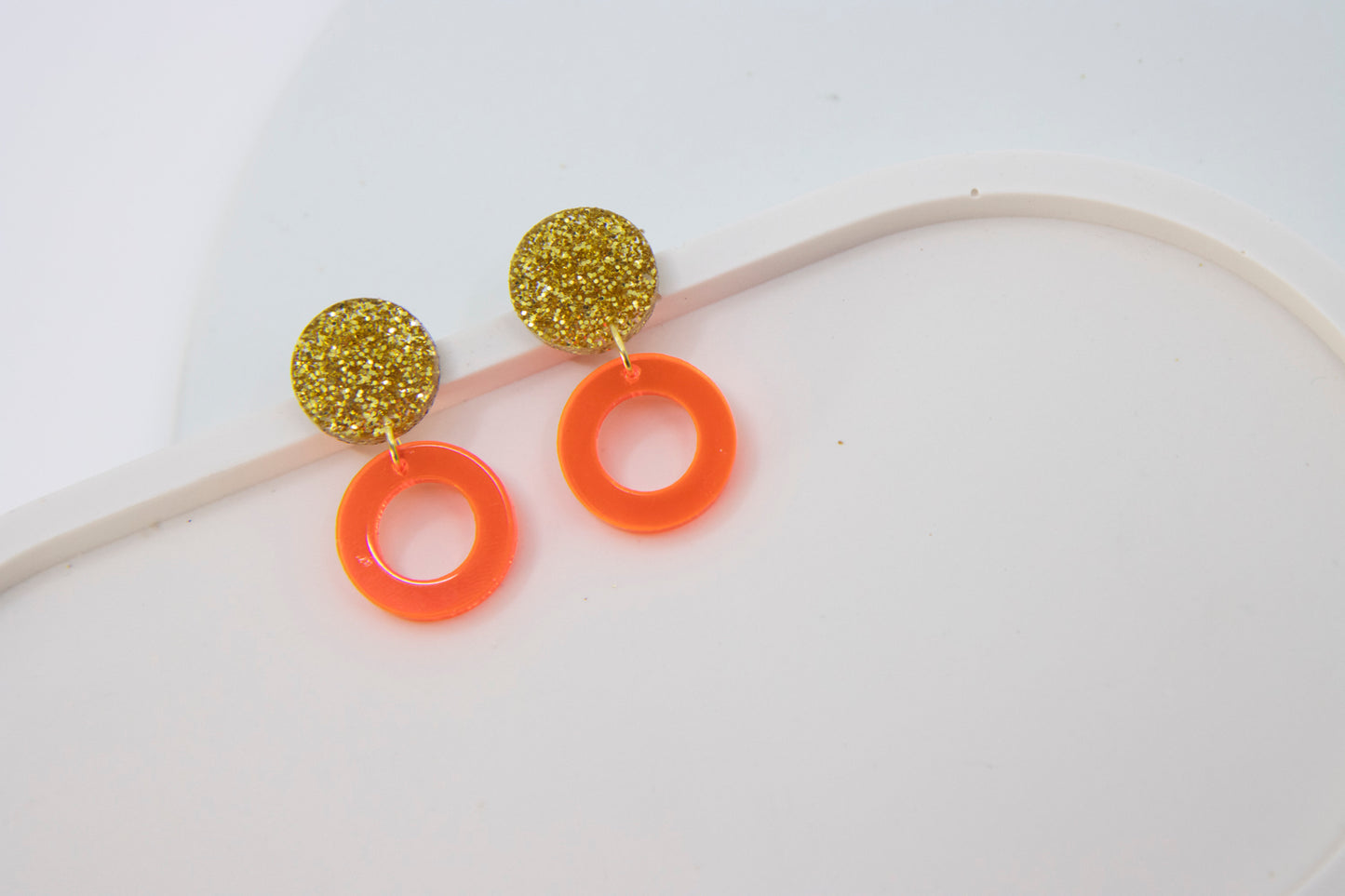 Gold Glitter & Neon Orange "LENA" Geometric Earring