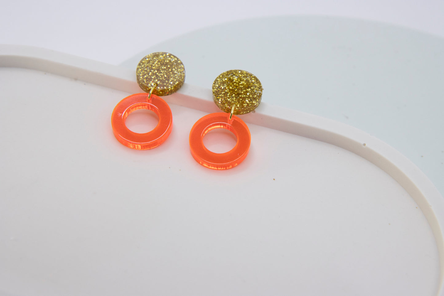 Gold Glitter & Neon Orange "LENA" Geometric Earring