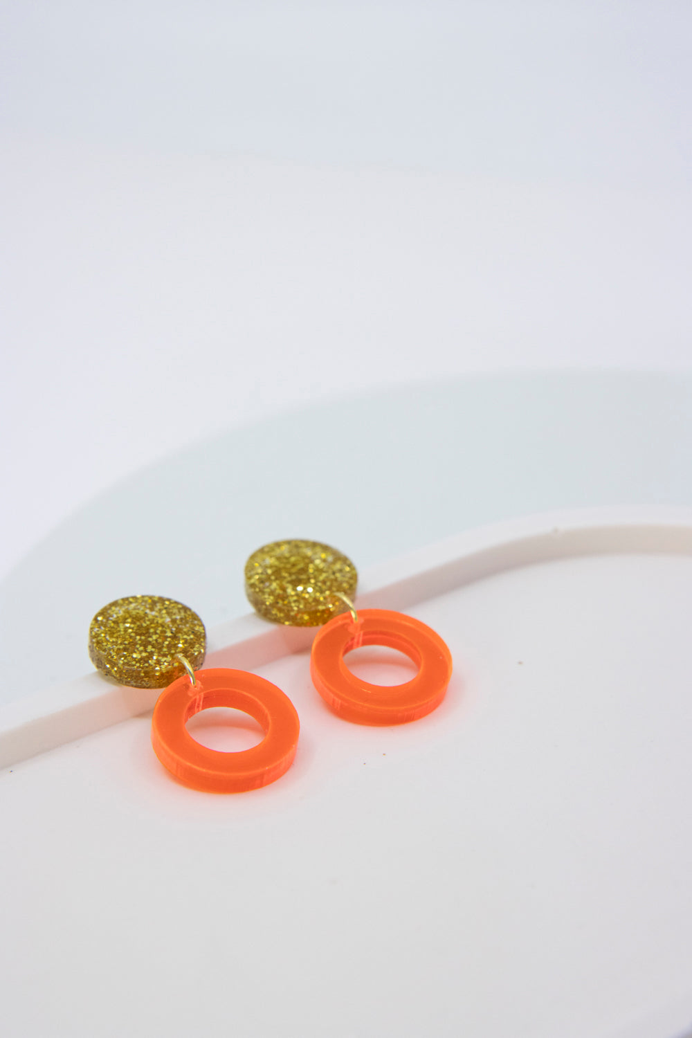 Gold Glitter & Neon Orange "LENA" Geometric Earring