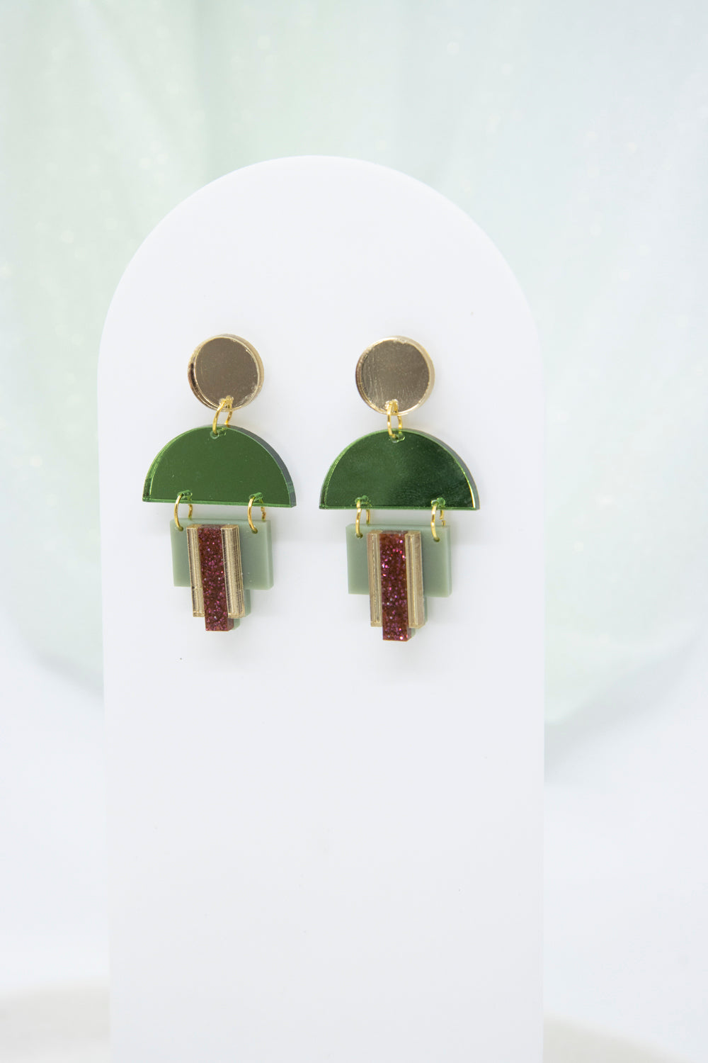 EMPIRE – Art Deco earrings in glitter green & mirror orange
