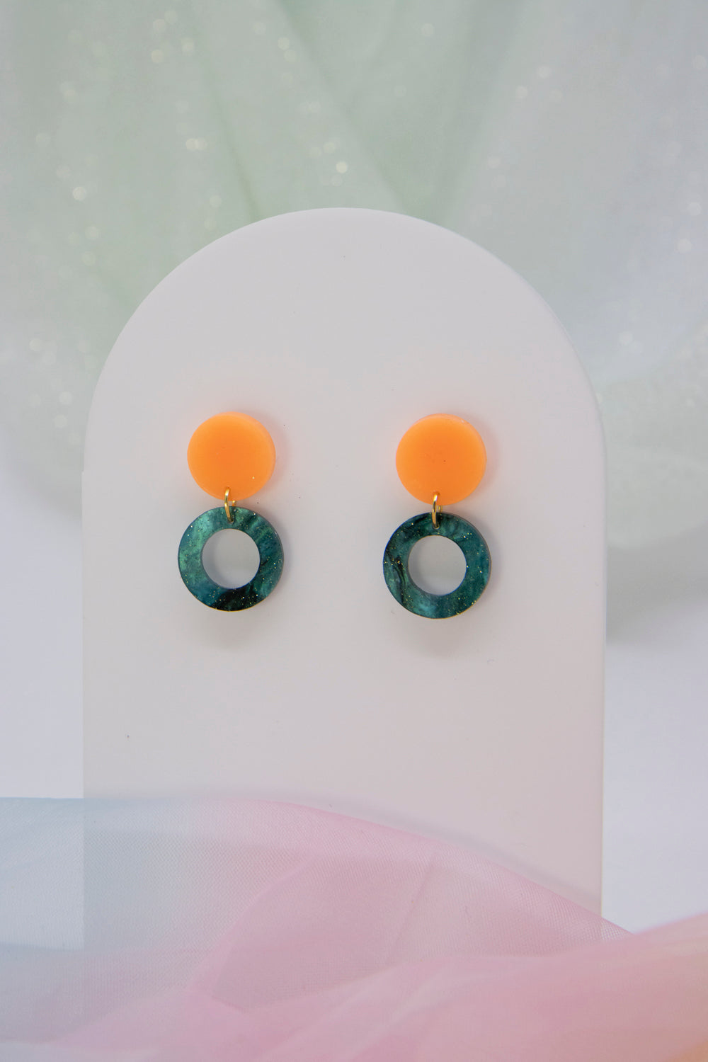Emerald green and neon "LENA" stud earrings