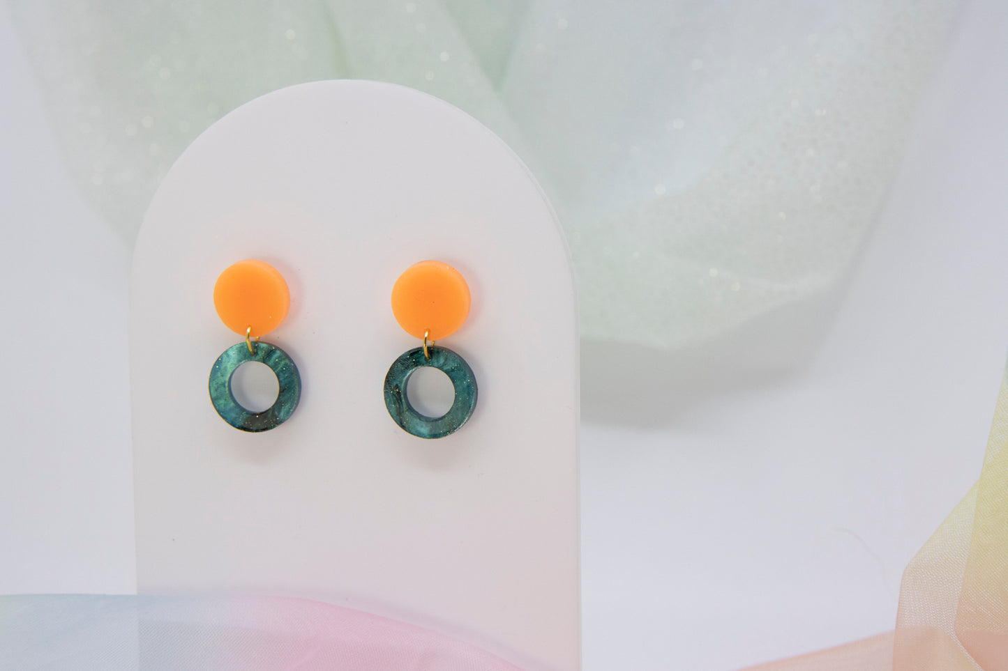 Emerald green and neon "LENA" stud earrings