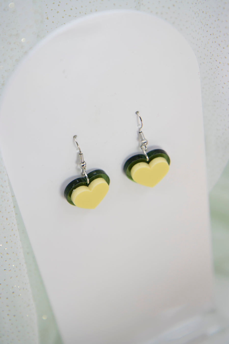 HEART DROPS earrings – in mirror green and fresh lemon yellow