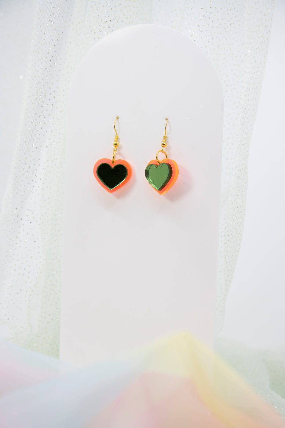HEART DROPS earrings – neon orange and mirror green