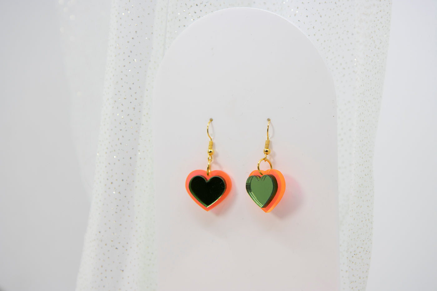HEART DROPS earrings – neon orange and mirror green