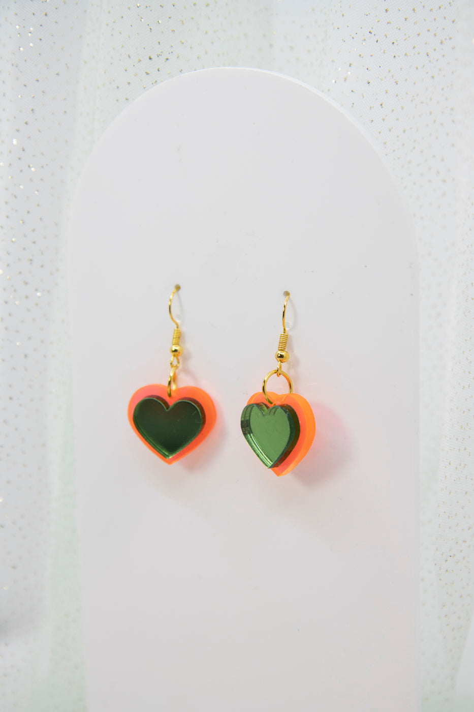 HEART DROPS earrings – neon orange and mirror green
