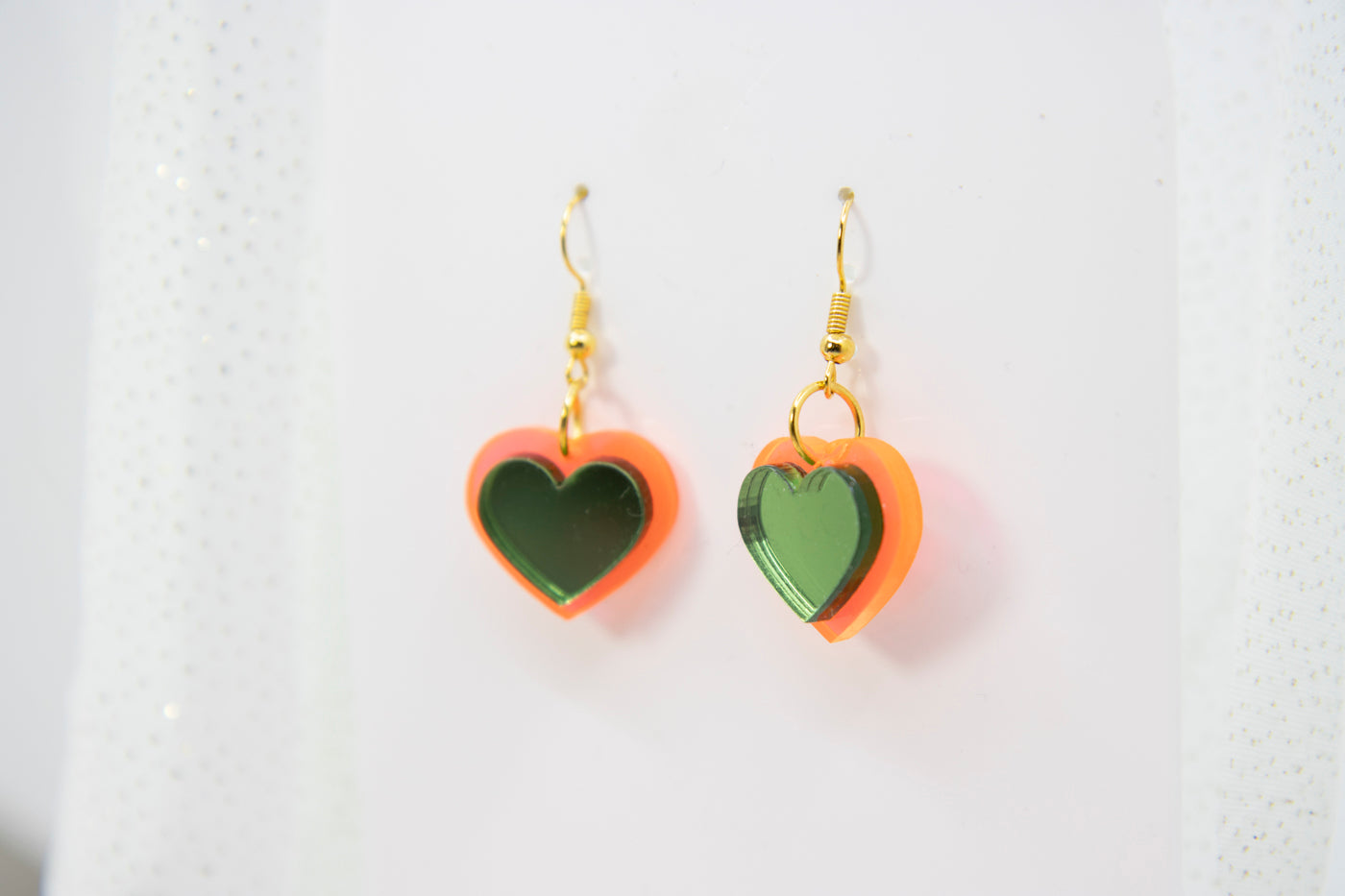 HEART DROPS earrings – neon orange and mirror green