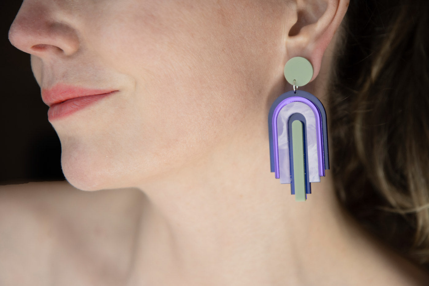 bow statement earrings – blue transparent & mirror purple laser jewelry