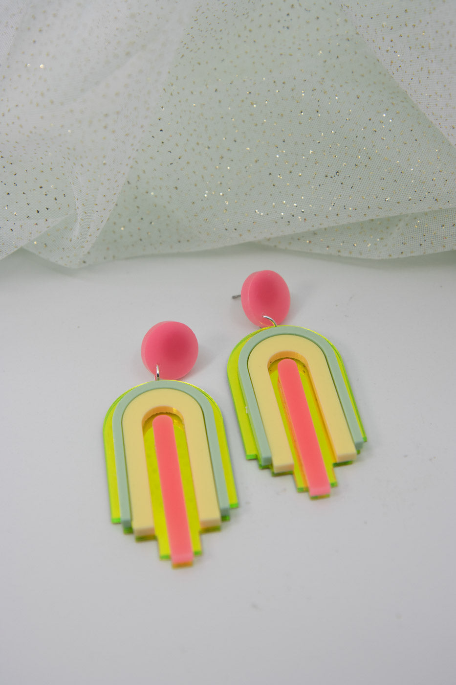 Statement Ohrringe – Spiegelgelb Neon & Mint lasercutt