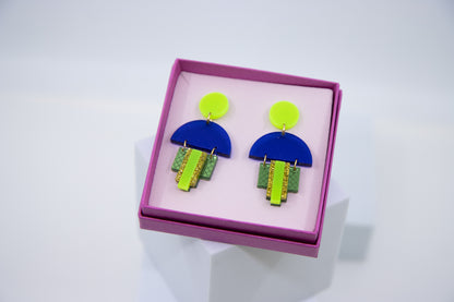 EMPIRE – Art Deco earrings in glitter green &amp; mirror orange
