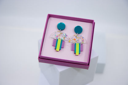 EMPIRE – Art Deco earrings in glitter green &amp; mirror orange