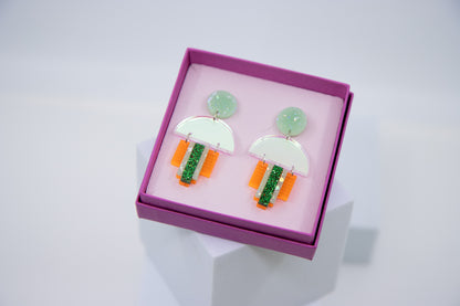 EMPIRE – Art Deco earrings in glitter green &amp; mirror orange