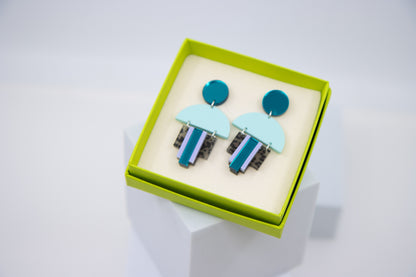 EMPIRE – Art Deco earrings in glitter green &amp; mirror orange