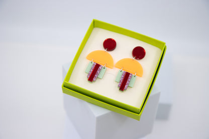 EMPIRE – Art Deco earrings in glitter green &amp; mirror orange
