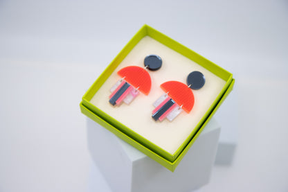 EMPIRE – Art Deco earrings in glitter green &amp; mirror orange