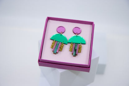 EMPIRE – Art Deco earrings in glitter green &amp; mirror orange