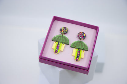 EMPIRE – Art Deco earrings in glitter green &amp; mirror orange