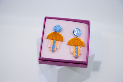 EMPIRE – Art Deco earrings in glitter green &amp; mirror orange