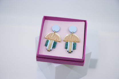 EMPIRE – Art Deco earrings in glitter green &amp; mirror orange