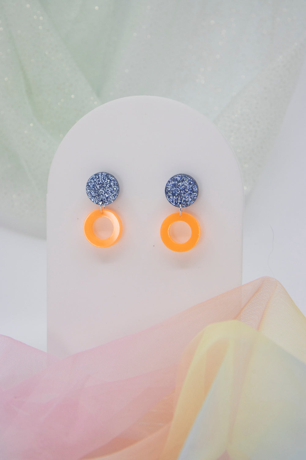 Glitter-Blau & NEON-Orange "LENA"Ohrring Geometrisch
