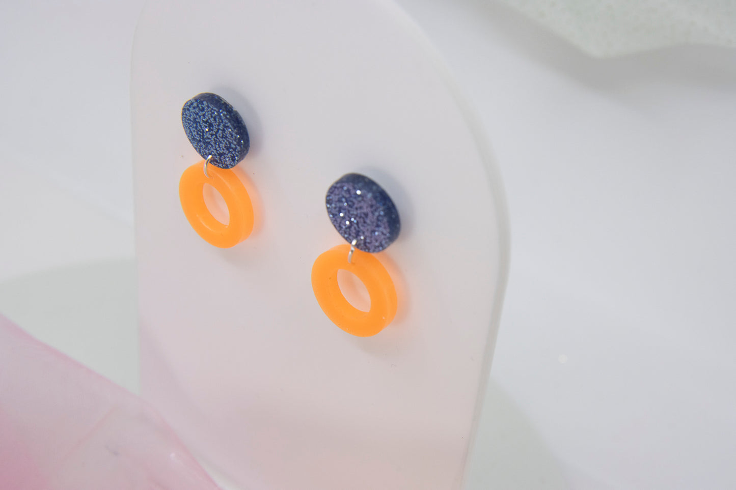 Glitter-Blau & NEON-Orange "LENA"Ohrring Geometrisch
