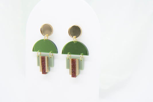 Art-Déco Ohrstecker EMPIRE – Spiegelgrün & Glitter-Dunkelrot